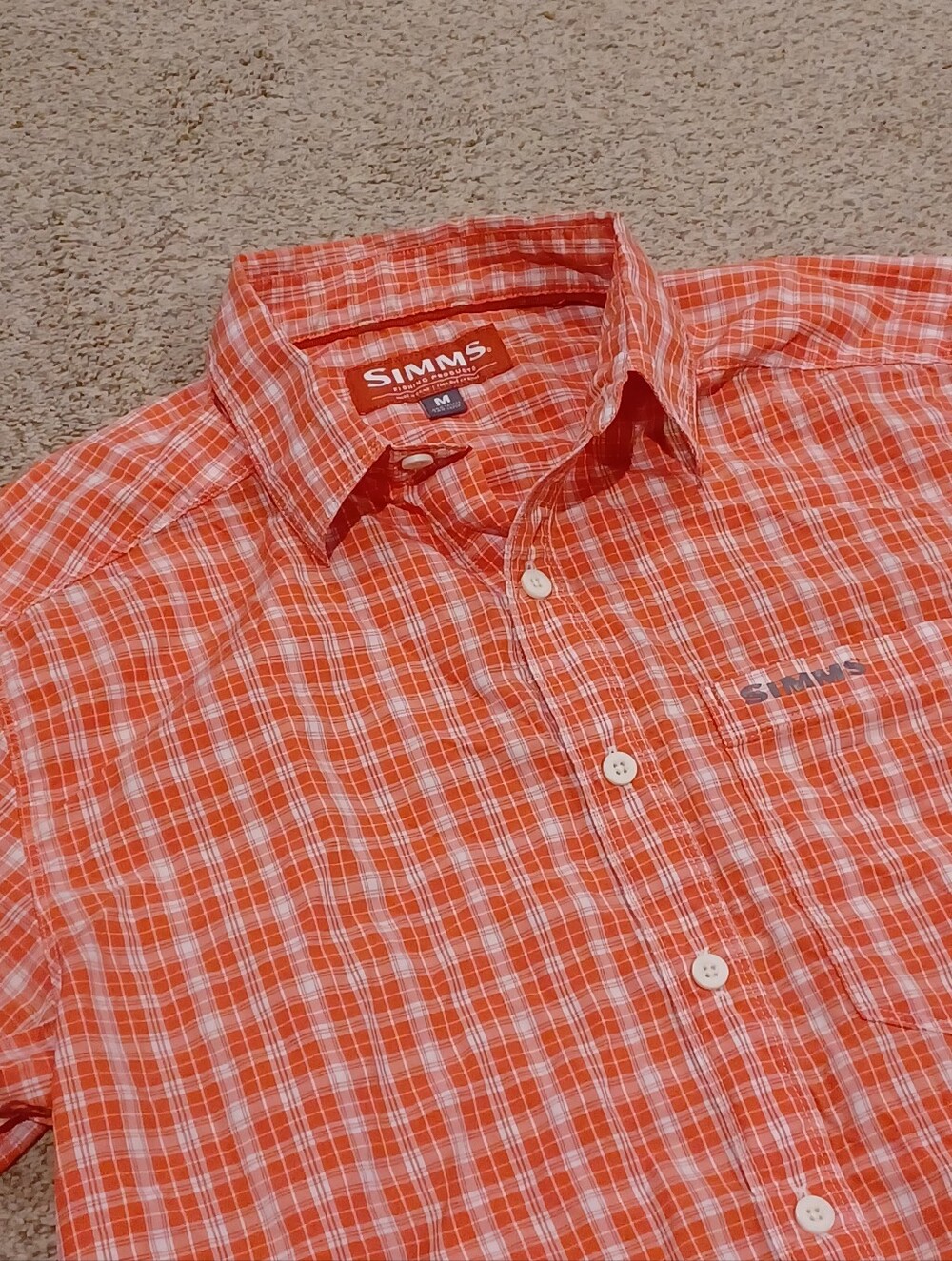 Simms Orange Plaid Short-Sleeve Button-Down Fishing Shirt Mens Size M
